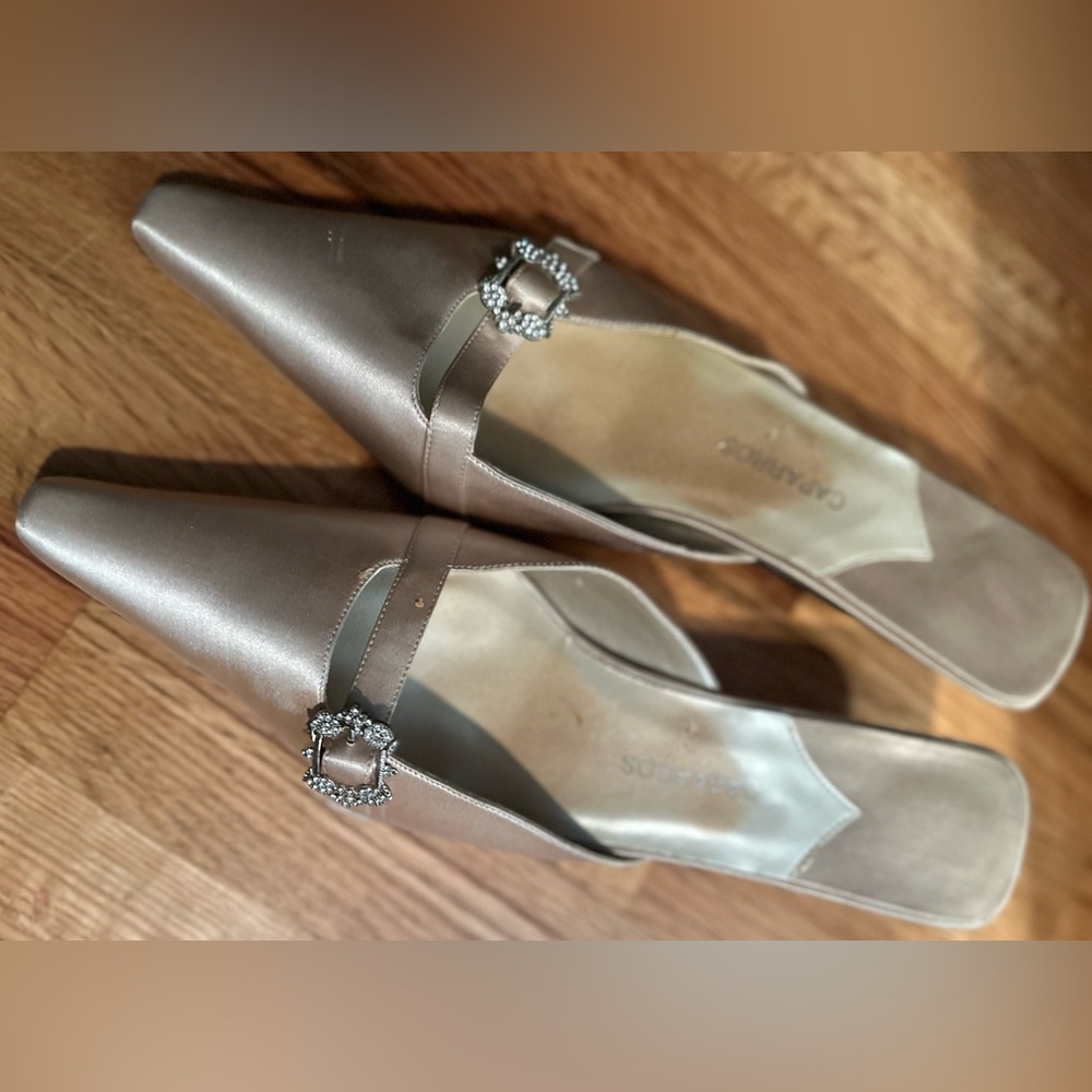 Sz 11 Champagne Satin Kitten Heel Mules Pumps